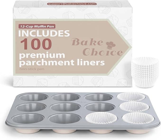 Bake Choice Muffin Pan for Baking, Standard Cupcake Pan includes 100 White Cupcake Liners, Muffin Tin Nonstick 12 Cup, Baking Pans Set,Carbon Steel Baking Supplies, Cream Gray
