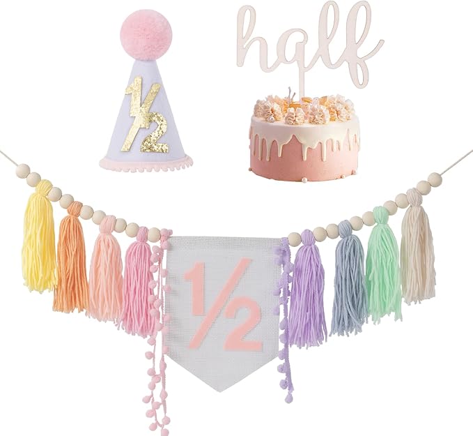 CWK Half Birthday Decorations for Baby, 1/2 Birthday High Chair Banner with Cone Hat & Cake Topper, Half Way to One Party Kit, Photo Props for 6 Month Baby Birthday(Macaron)