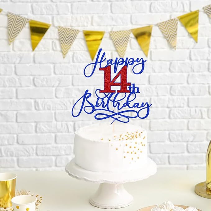 Happy 14th Birthday Cake Topper,Deep blue font red Numbers 14th Birthday Cake Decoration,Hello 14, Cheers to 14 Years/14th Anniversary,14& Fabulous Party Decoration