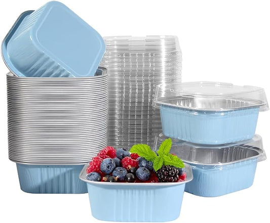 50 Pcs Mini Square Baking Cups with Lids,10oz Aluminum Foil Mini Cake Pans with Lids,Disposable Ramekins Cake Pans,300ml Dessert Cups Cupcake Pans for Wedding Birthday Party,Skyblue
