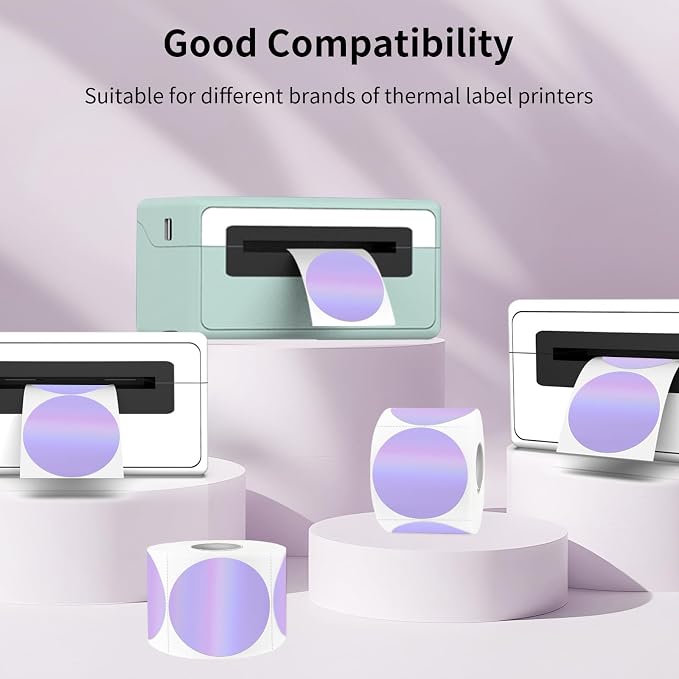 2 Inch Round Holographic Thermal Labels, Waterproof Direct Thermal Stickers, Self-Adhesive Circle Label for Small Business DIY Logo QR Code, Purple (200 Pcs/Roll)