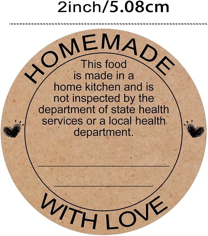 500 Pcs Cottage Food Law Homemade with Love Stickers 2 inch Home Kitchen Inspection Statement Labels Made in Home Kitchen Canning Jar Stickers of Personalized Baking (Kraft Paper)