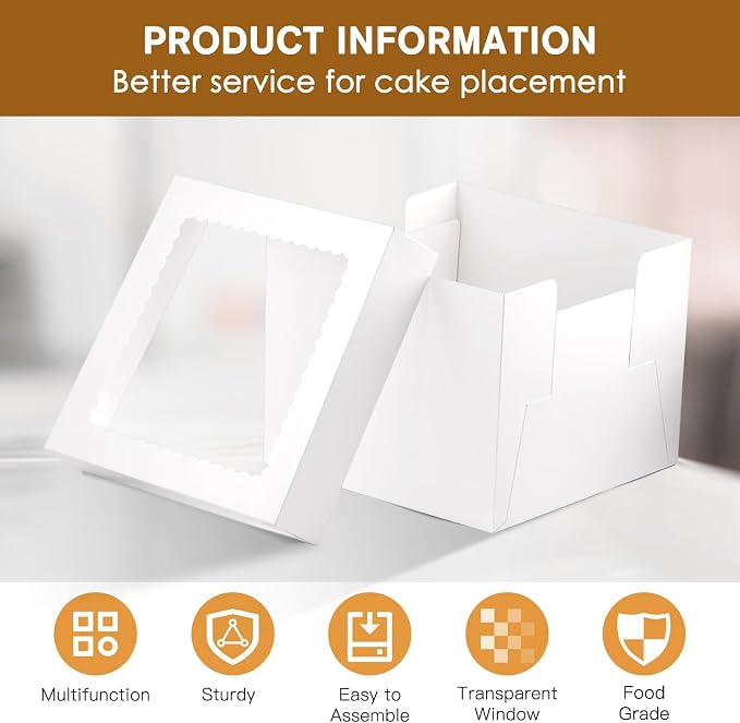 10 Pcs Cake Boxes, 10x10x8 Inches Tall Box with Lids Boards, White Bakery Boxes with Window, Square Box Boards with Lids for Cake, Donuts, Cookies, Wedding, Birthday, Party