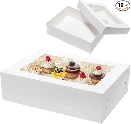 Mcfleet 10pcs 14x10x4 Cake Boxes with Window Rectangle Quarter Sheet Bakery Boxes for Pastry Baking Cake, Cupcakes, Donuts, Cookies, Pie Treat Packaging White Large