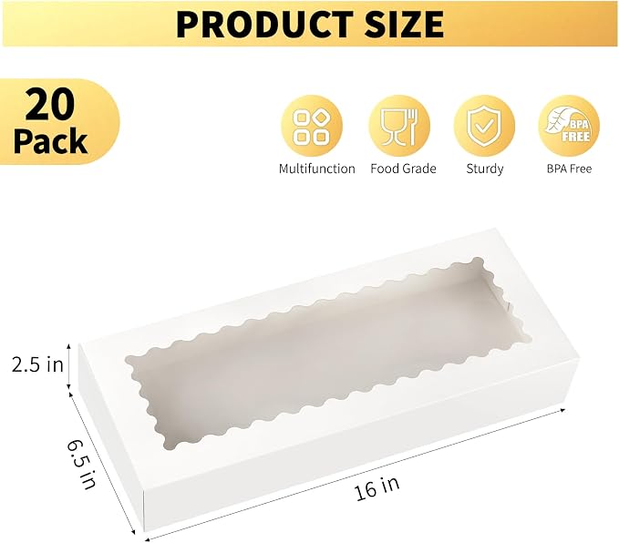 Ocmoiy 20 Pack Cookie Boxes, 16x6.5x2.5 Inch Bakery Boxes with Window, Auto-Popup Treat Box for Chocolate Covered Strawberries, Cocoa Bombs, Donuts, Muffins, Pastries