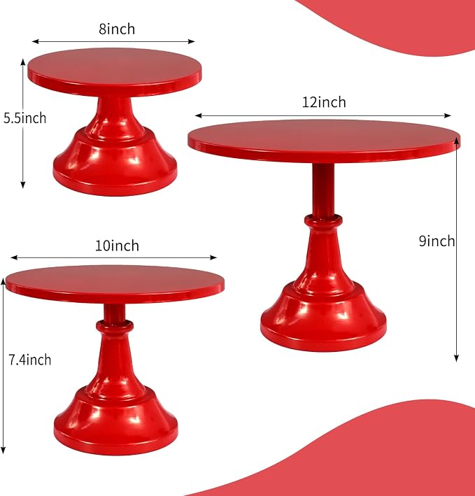 3 Pcs Cake Stand Set Metal Round Cake Holder Cupcake Stands 8/10/12 inch Red Dessert Display Stands Dessert Table Decorations for Birthday Parties, Baby Shower,Wedding Banquets and Anniversary
