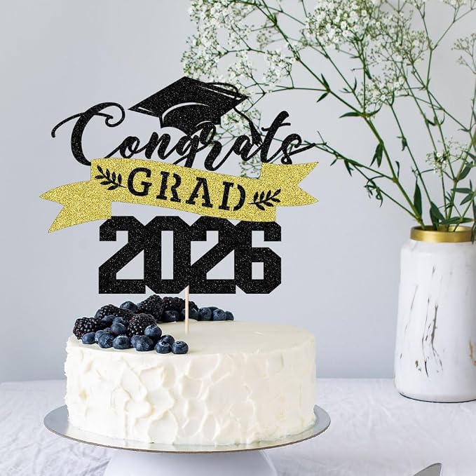 Glitter Graduation 2026 Cake Topper,Congrats Grad Cake Decor - 2026 High School/College/Senior Graduation Party Decorations Supplies