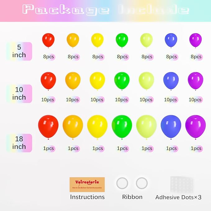 Voircoloria 134pcs Rainbow Balloon Arch Kit Different Sizes 18" 12" 10" 5" Assorted Color Latex Balloon Garland Arch Kit for Birthday Baby Shower Graduation Wedding Gender Reveal Party Decorations