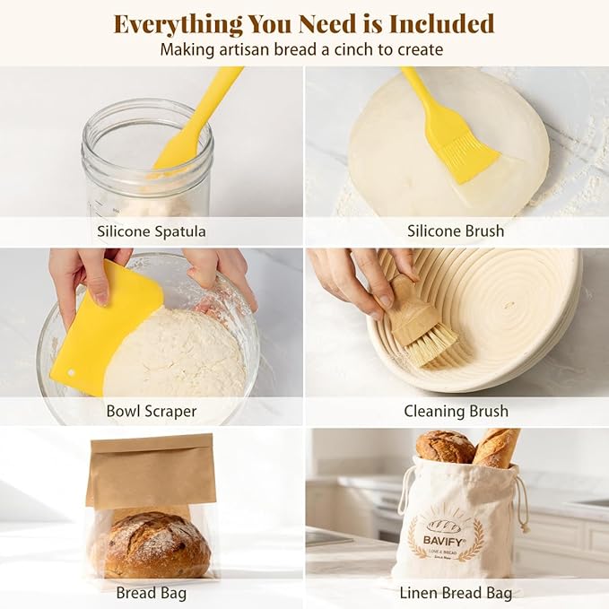 BAVIFY Sourdough Starter Kit, Banneton Bread Proofing Baskets Set, Sourdough Bread Baking Supplies Making Tools with Dough Scraper, Whisk, Bread Lame, Recipe, 1 Round 1 Oval 1 Jar Gift Set