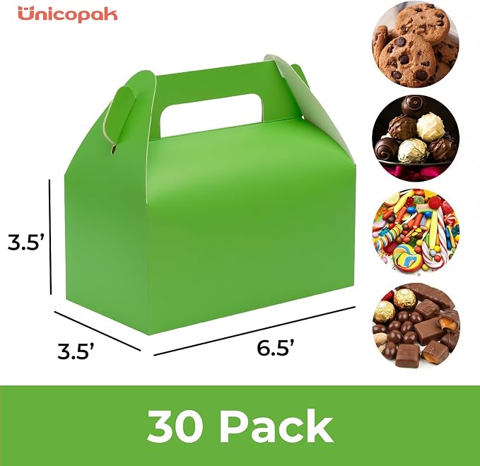 UnicoPak 30 Pack Green Party Favor Bag Boxes, Gable Gift Boxes for Candies Treats Goodies Cookies, Ideal for Green Party Favors, Themed Birthday Party, Valentine's Day, 6.5x3.5x3.5 Inches