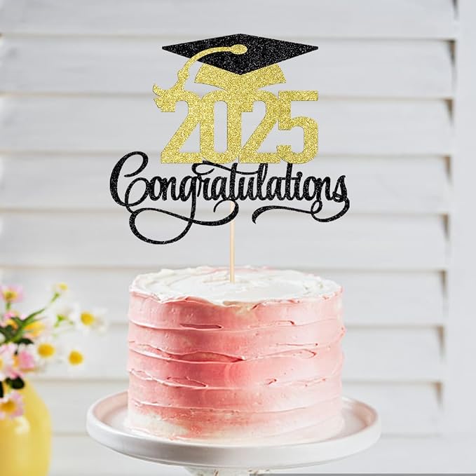 Black Gold Glitter 2025 Congratulations Graduation Cake Topper,Congrats Grad Cake Decor - 2025 High School/College/Senior Graduation Party Decorations Supplies