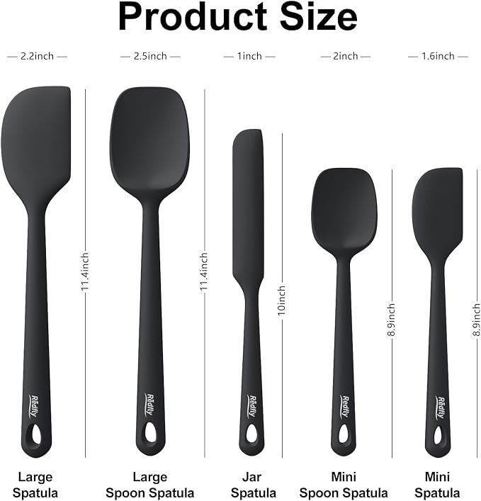 Redfly Silicone Spatula Set, 5 Piece Food Grade Silicone Cooking Utensils Set, Rubber Spatula Heat Resistant Nonstick for Baking, Cooking, Kitchen Utensils Dishwasher Safe Black