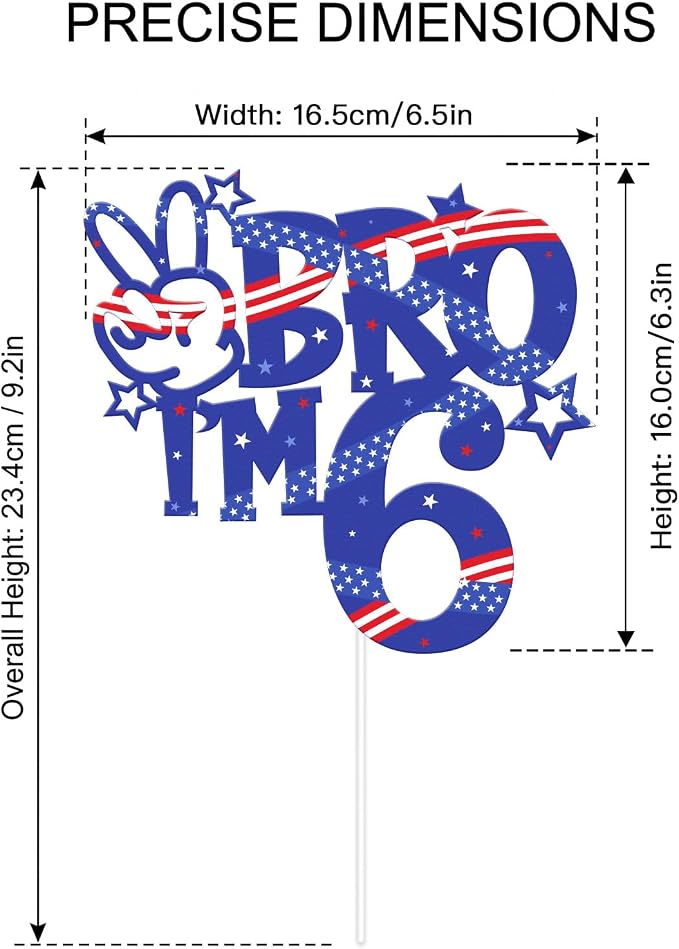 Bro I'm 6 Birthday Cake Toppers, Patriotic Cake Decorations for Boys Birthday Anniversary Party Decor Supplies