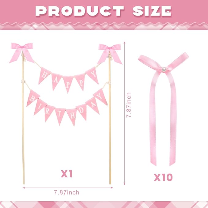 Honeydak 11 Pcs Pink Bow Ribbon Cake Topper Happy Birthday Cake Bunting Topper with Wood Pole Handmade Pennant Flags with Bows Ribbon for Birthday, Bridal Party Decoration