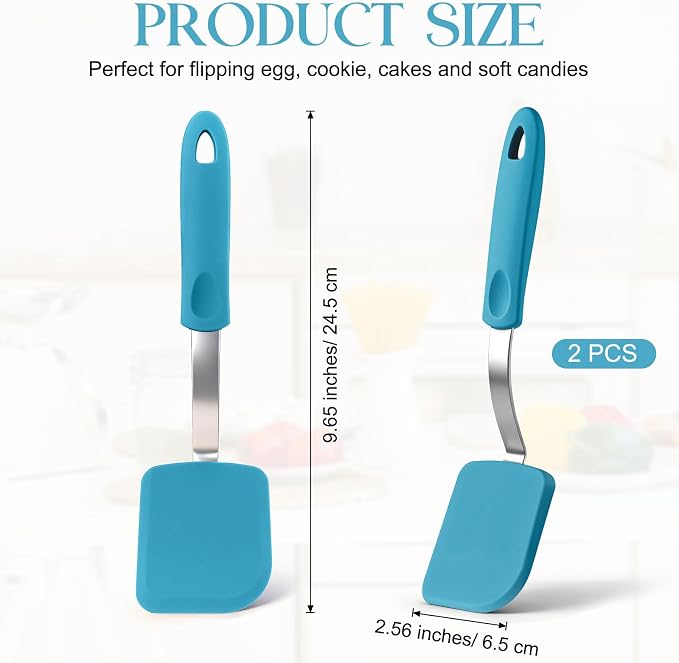 Silicone Cookie Spatula Turner 2 Pack Mini Brownie Spatula Flexible Kitchen Small Silicone Turner for Nonstick Cookware Heat Resistant No Scratch Flipper for Pancake(Solid Flat,Light Blue)