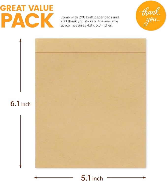 200 Pack Paper Cookies Bags with Seal Stickers, 5x6 Inch Grease Resistant Cookie Sleeves Small Brown Bakery Bags for Packaging Donuts, Brownies, Treats, Snacks, Baked Goods