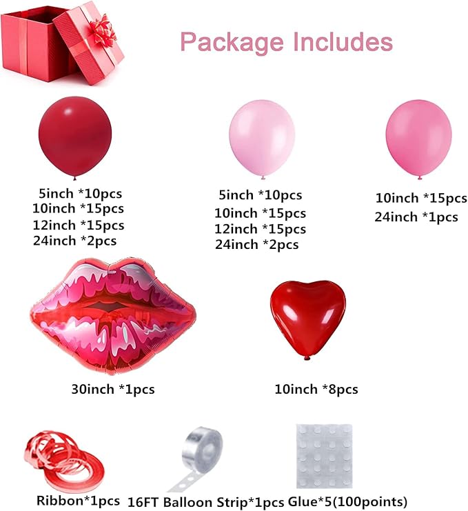 Valentines Day Balloon Garland Arch Kit Macaron Pink Retro Pink Red Balloons Heart Lip Balloons for Valentines's Day Bridal Shower Baby Shower Bachelorette Anniversary Party Decoration Supplies