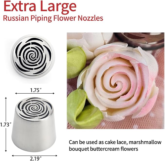 Extra Large Russian Piping Tips - Stainless Steel Flower Nozzles Set for Cake Decorating, Rose & Floral Icing Tips for Cupcakes, Cookies Professional Baking Tools (XXL, Style 51)
