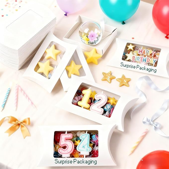 ZAJINJABD 50 Pcs Kraft Pillow Gift Boxes with Clear Windows, Sturdy Mini Folding Treat Boxes for Candy, Bakery, Chocolate, Jewelry, Wedding Party Favors