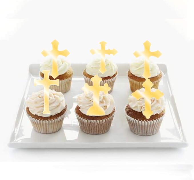 60 PCS Edible Cross Cupcake Toppers God Bless and Baptism Cupcake Toppers Edible Cross Cupcake Pick First Communion Cake Decorations for Religious Theme Baby Shower Birthday Party Supplies Retro Gold