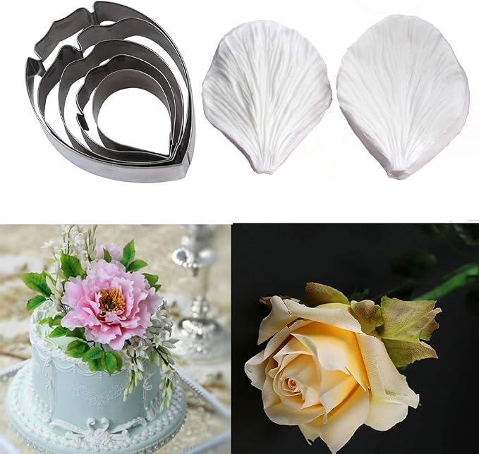 KALAIEN 5pcs Stainless Steel Peony Cutter 2pcs Fondant Silicone Mold Gumpaste Peony Sugarcraft Flower Veining Mold Veiner Petal Making Tool