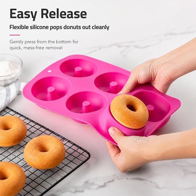 Silicone Donut Mold, 6 Cavity Non-Stick Doughnut Baking Pan – Food-Grade BPA-Free Flexible Silicone, Pops Out Easily, Oven Microwave Freezer & Dishwasher Safe (Donuts (3PK))