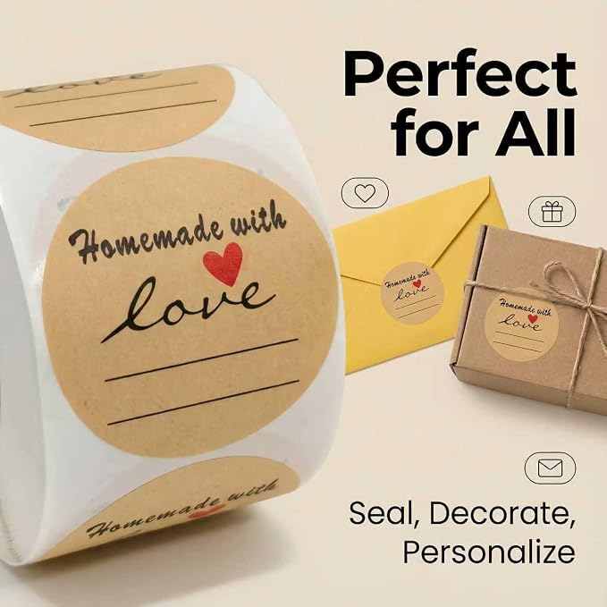 2 Inch Natural Brown Kraft Stickers (500 Per Roll), Homemade with Love Sticker with Lines for Writing (Permanent Adhesive) for Store Owners, Crafts, Organizing, Jar and Canning Labels