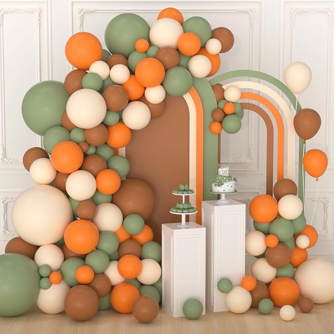 Sage Green Orange Brown Balloon Garland Arch Kit - Oilve Green and Orange Balloons Brown Balloons for Woodland Animals Birthday Bear Baby Shower Gender Reveal Wedding Party Oh Baby Decorations