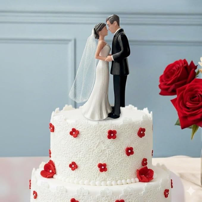 Wedding Cake Topper Bride and Groom Figurine with Veil, Classic Couple Cake Decoration for Wedding, Engagement, Bridal Shower Party(White)