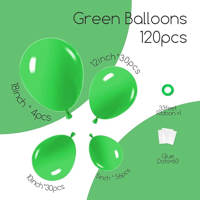 120pcs Green Balloon Arch Kit, 18 12 10 5 inch Green Latex Balloons Different Sizes Balloon Garland for Birthday Baby Shower Tropical Party Decorations