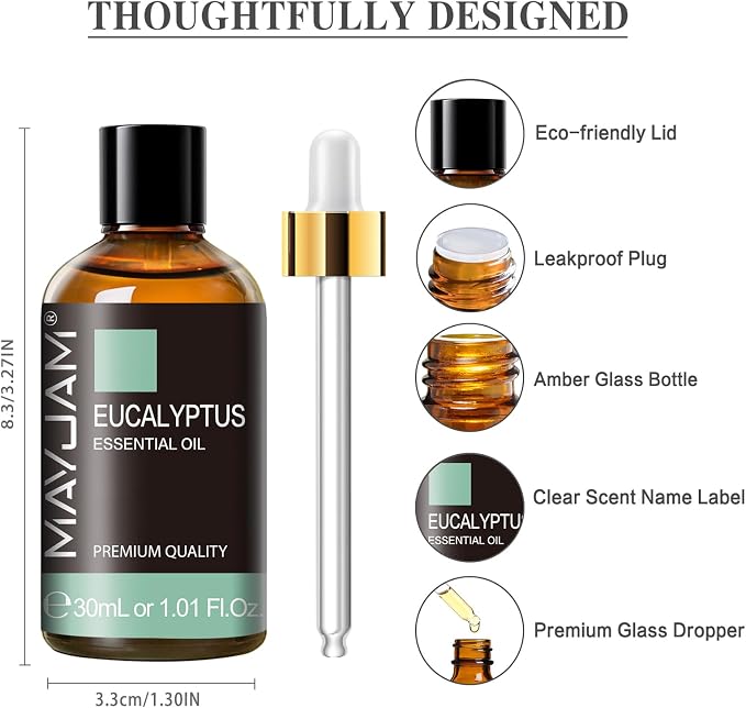 MAYJAM Eucalyptus Essential Oil for Diffuser Soap Candle Making, 1.01fl.oz | Long Lasting Scents, Eucalyptus Oil for Skin, Ideal for Living Room Bedroom Office Car Use