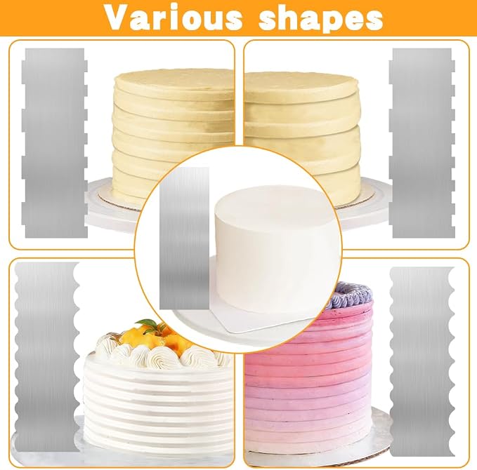 Cake Scraper Set for Buttercream, 6 Piece Icing Smoothers with Patterns | Smooth sides with steady pressure, Hold edge still and rotate cake, Hand wash only, Avoid abrasive pads and metal brushes