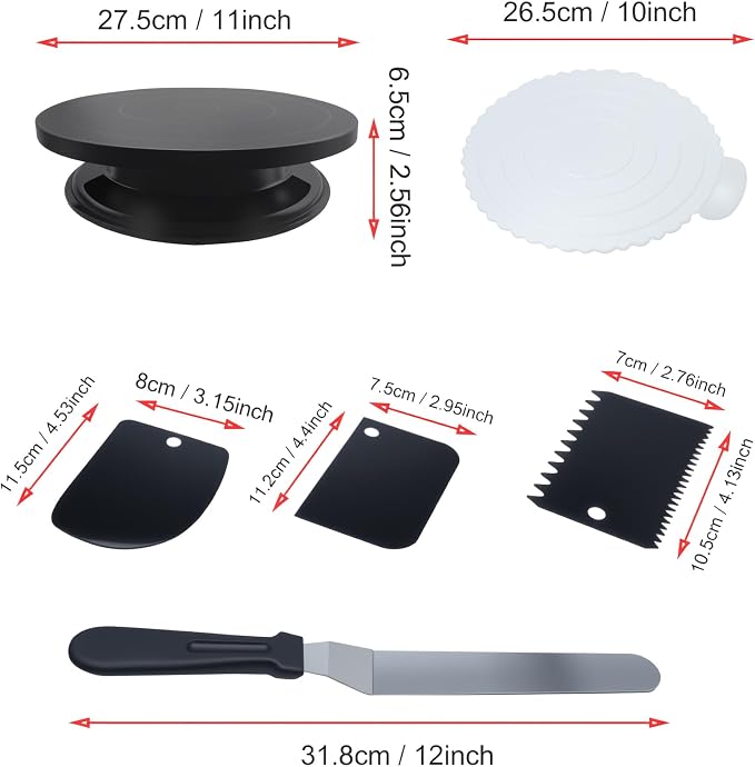 1 Set Cake Decorating Turntable Kit Cake Turntable with 1Frosting Angled Spatula 3 Icing Smoother Scrapers 1Cake Pad (Black)
