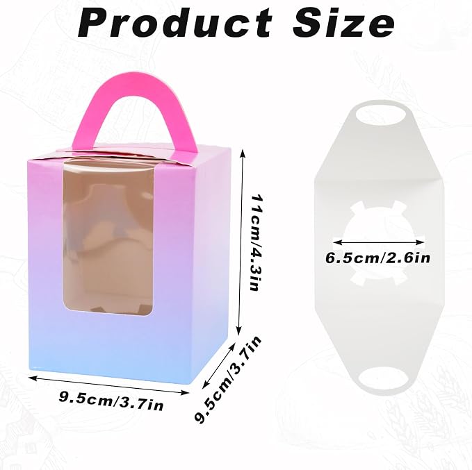 KEYIDO 30 Pcs Individual Cupcake Boxes Deep Gradient Single Cupcake Boxes 1 Hole Cake Box with Clear Window Inserts and 2 Sheets of Stickers for Wedding Birthday Party Favors
