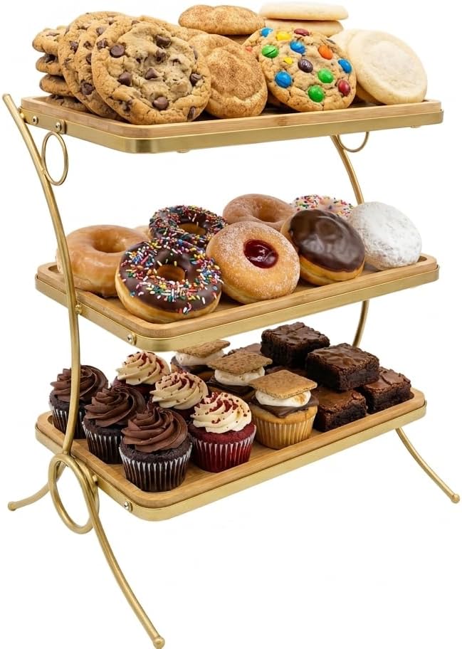 Wooden 3 Tier Serving Stand- Bamboo & Gold Tiered Dessert Tray for Party, Cupcakes, Cake Display, Wedding Reception, Food Serving Platter