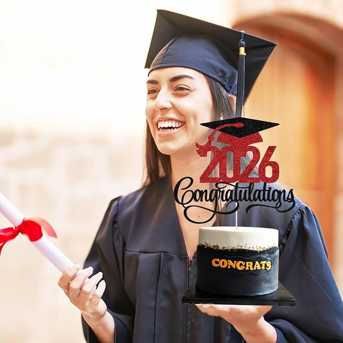 Black red Glitter 2026 Congratulations Graduation Cake Topper,Congrats Grad Cake Decor - 2026 High School/College/Senior Graduation Party Decorations Supplies
