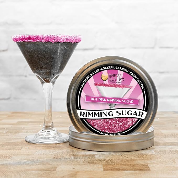 Brew Glitter - Neon Pink Rimming Sugar (4oz, 1x Bar Tin) Cocktail Garnish for Mixed Drinks & Refreshments