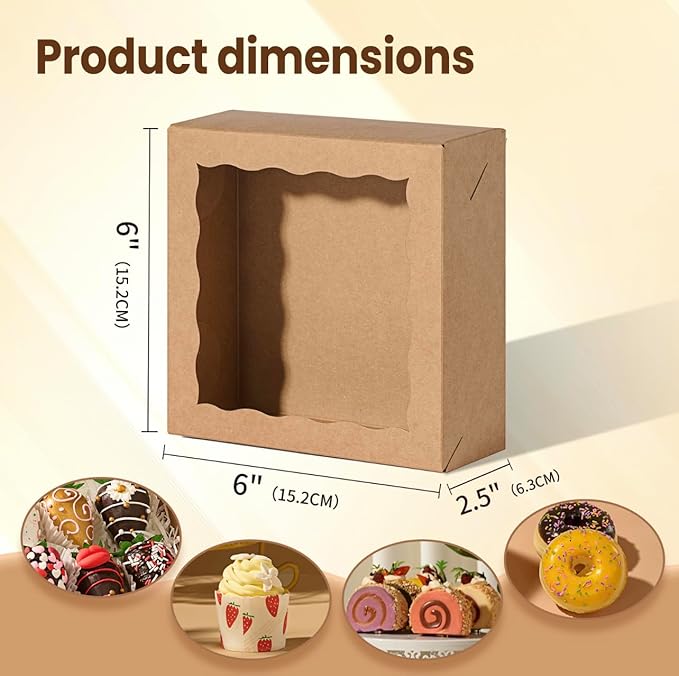 TEMLQPACK 50pcs Cookie Boxes with Window, 6x6x2.5in Brown Bakery Boxes for Treats, Small Cake, Desserts, Donuts, Pastry