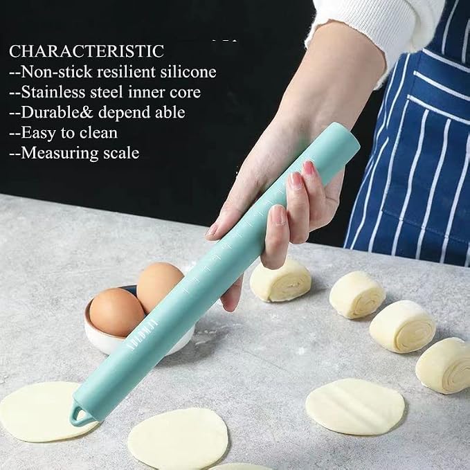 Silicone Rolling Pin Stainless Steel Inner Core Non Stick Rolling Pin Blue