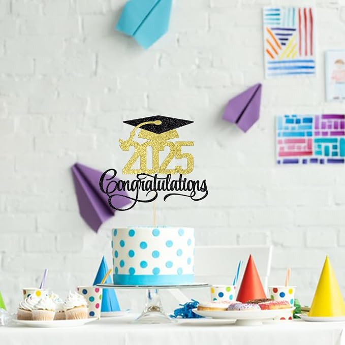 Black Gold Glitter 2025 Congratulations Graduation Cake Topper,Congrats Grad Cake Decor - 2025 High School/College/Senior Graduation Party Decorations Supplies