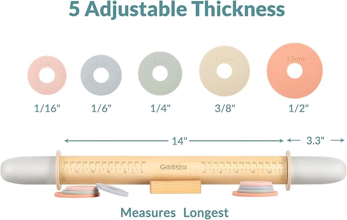 Geesta Rolling Pin Guide Rings Multicolored Spacer Bands 10 Peice Set for Geesta Adjustable Wood Rolling Pin Baking Accessories