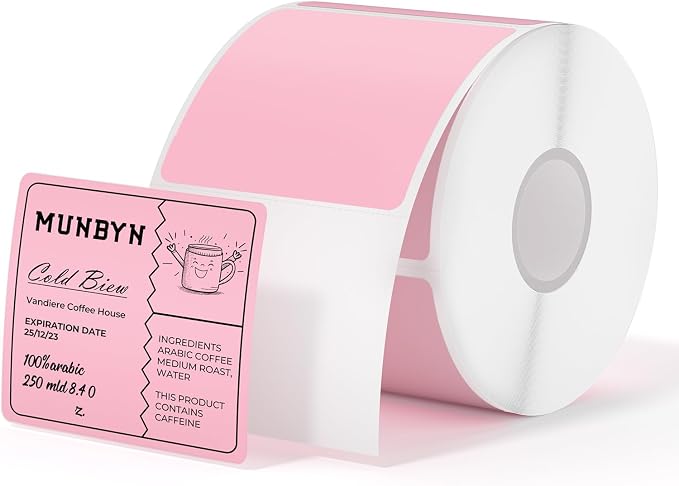 MUNBYN 2"x2" Square Thermal Labels, Compatible with Multiple Thermal Printers, Strong Adhesive, White Address Labels for Barcode, 750 Sheets/Roll, Pink