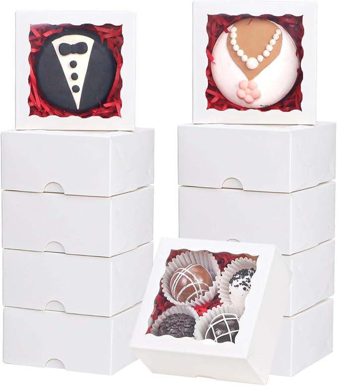 50PCS 3¼" x 3 ¼" x 1 ½" ChocolateTruffle Boxes for 4,Cookies Boxes Soap BoxesTreat Boxes Donut Boxes Macaron Boxes Mini Bakery Boxes Small gift boxes with Window Brownie Box