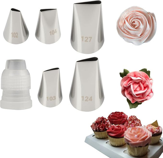 6 Pcs Flower Piping Tips Set with Coupler | Petal & Rose Piping Tips 102, 103, 104, 124, 127, for Cake Decorating, Floral Designs, Small Roses, Bows, Ruffles & More