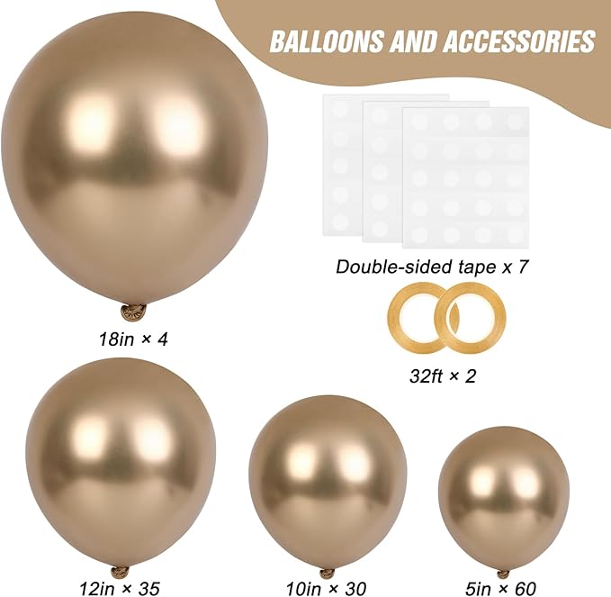 RUBFAC Chrome Gold Balloons 129pcs Different Sizes Pack of 18 12 10 5 Inch, Latex Metallic Gold Balloon Garland Arch Kit for Graduation Wedding Happy Birthday Party Decoration
