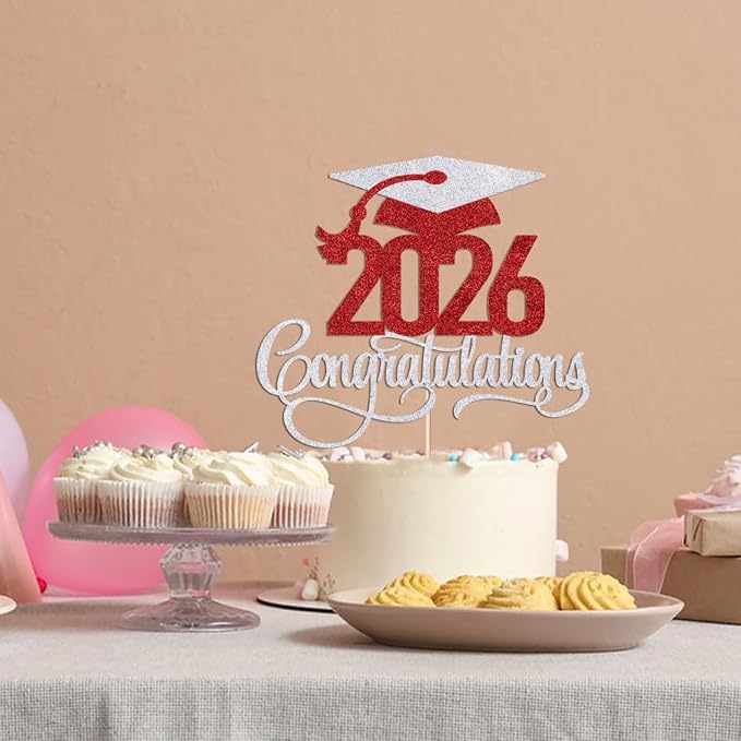 Silver-red 2026 Congratulations Graduation Cake Topper,Congrats Grad Cake Decor - 2026 High School/College/Senior Graduation Party Decorations Supplies