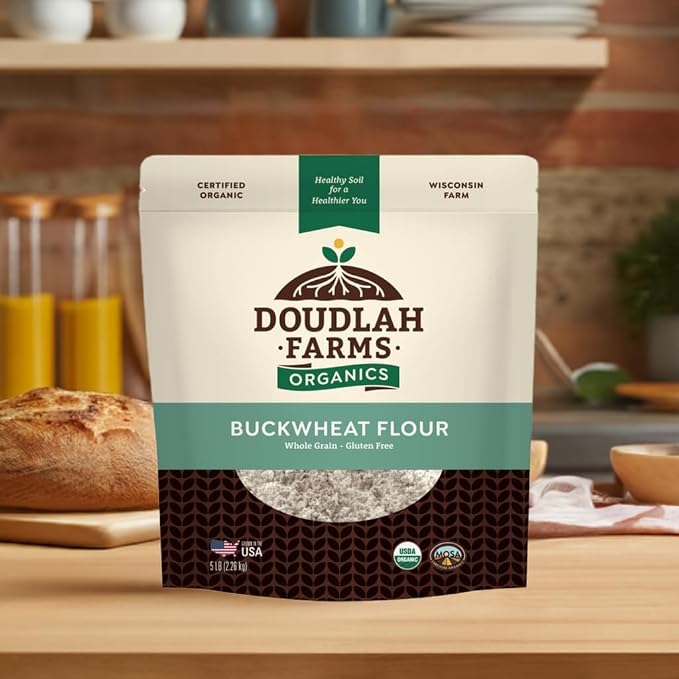 Organic Buckwheat Flour 5 lb - Non-GMO, USDA Organic, Vegan - For Baking Bread, Pancakes, and More! Grown In USA, Farmed From Regenerative Soil by a Wisconsin Family Farm