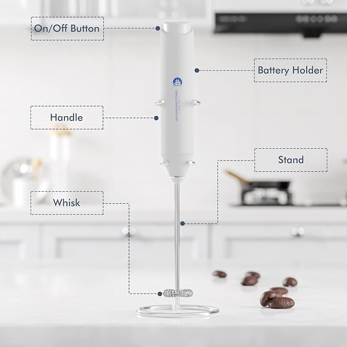 Powerful Milk Frother Handheld Foam Maker, Mini Whisk Drink Mixer for Coffee, Cappuccino, Latte, Matcha, Hot Chocolate, With Stand, White