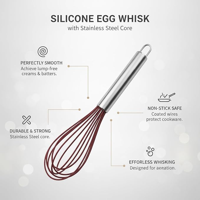 Red Silicone Egg Whisk with Stainless Steel Handle, Non-Scratch Coated Wires for Mixing Batters and Eggs in Non-Stick Pans
