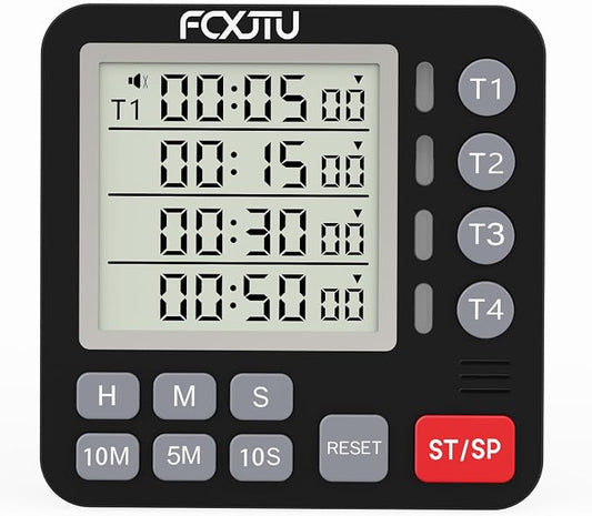 Digital Dual Kitchen Timer, 4-Channel Magnetic Countdown Timer for Cooking, On/Off, Large Display Multi Food Loud Alarm Silent for Classroom Seniors Battery Included (Black)